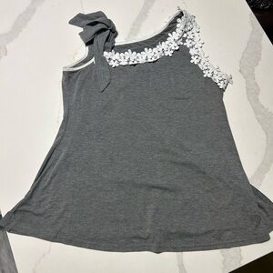 Gray One-Shoulder Top with Floral Trim